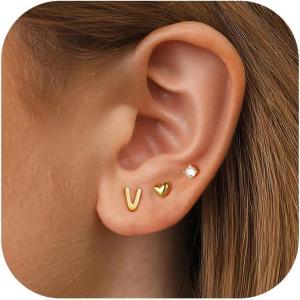 imageTurandoss 3 Pairs Initial Stud S925 Sterling Silver Post Earrings for Girls Girls 14KGoldPlated Letter AZ Heart Initial Stud Earrings Jewelry Gifts for Teen Girls TrendyV