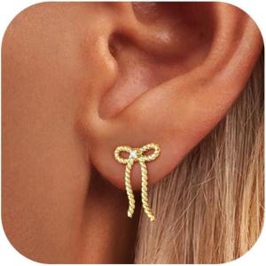 imageTurandoss Bow Earrings for Women Trendy Cubic Zirconia Earrings Twisted Rope Bow Stud Earring Artificial Pearl Hoop Earrings Cute Unique Birthday Jewelry Gift for Teen GirlsBow Stud