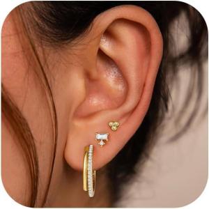 imageTurandoss Gold Earrings Set for Women Trendy  14K Gold Plated Chunky Hoops Hypoallergenic Huggie Cubic Zirconia Earrings Dainty Stud Cartilage Earring for Multiple Piercing