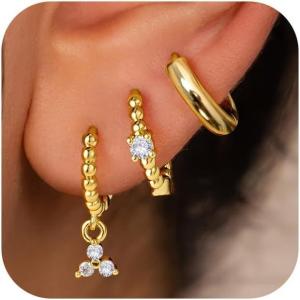 imageTurandoss Gold Earrings Set for Women Trendy  14K Gold Plated Hoops Huggie Cubic Zirconia Earrings Dainty Hoop Hypoallergenic Dangle Drop Earring Set for Multiple PiercingBraided rope with three zircons