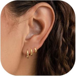 imageTurandoss Gold Earrings Set for Women Trendy  14K Gold Plated Hoops Huggie Cubic Zirconia Earrings Dainty Hoop Hypoallergenic Dangle Drop Earring Set for Multiple PiercingBasic hoop earrings