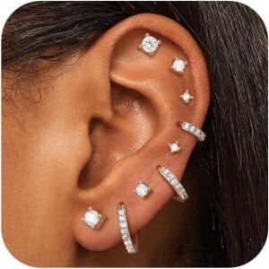 imageTurandoss Gold Earrings for Women 14K Gold Plated Hypoallergenic Flat Back Earrings for Women Stud Hoop Cartilage Earring Set for Multiple Piercing Sensitive Ears Small CZ JewelrySilver Plated