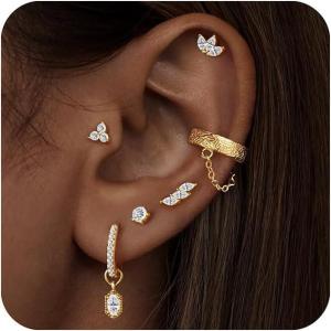 imageTurandoss Gold Earrings for Women 14k Gold Plated Hypoallergenic Flat Back Earrings for Women Cartilage Earring Sets for Multiple Piercing Dainty Chain Earrings Trendy Jewelry14K Gold Plated