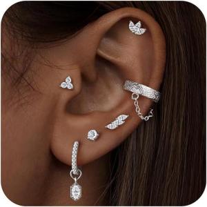 imageTurandoss Gold Earrings for Women 14k Gold Plated Hypoallergenic Flat Back Earrings for Women Cartilage Earring Sets for Multiple Piercing Dainty Chain Earrings Trendy JewelrySilver Plated