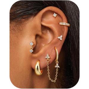 imageTurandoss Gold Earrings for Women Hypoallergenic Surgical Stainless Steel Flat Back Stud Earrings Set Dangle Chain Huggie Earring Stacks Cartilage Earrings for Women Multiple Piercing Jewelry Gifts14K Gold Plated