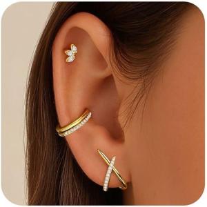 imageTurandoss Gold Earrings for Women Trendy  3 Pairs Gold Plated Dainty Cubic Zirconia Huggie Stud Hoop Earrings Simple Hypoallergenic Cartilage Earring Stacks Set for Women Jewelry GiftsCZ X StudHoop