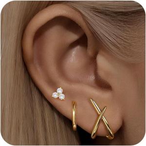 imageTurandoss Gold Earrings for Women Trendy  3 Pairs Gold Plated Dainty Cubic Zirconia Huggie Stud Hoop Earrings Simple Hypoallergenic Cartilage Earring Stacks Set for Women Jewelry GiftsSmooth X StudCZ Stud