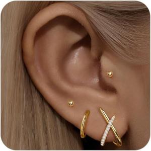 imageTurandoss Gold Earrings for Women Trendy  3 Pairs Gold Plated Dainty Cubic Zirconia Huggie Stud Hoop Earrings Simple Hypoallergenic Cartilage Earring Stacks Set for Women Jewelry GiftsCZ X StudBead