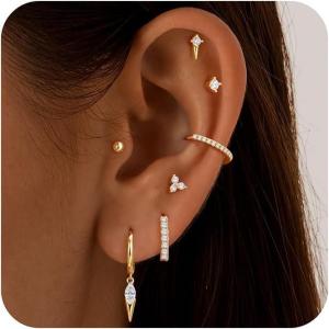 imageTurandoss Gold Hoop Earrings for Women 14K Gold Plated Hypoallergenic Flat Back Earrings Cartilage Dangle Earrings Set for Trendy Women14K Gold Plated