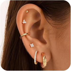 imageTurandoss Gold Hoop Earrings for Women 14k Gold Plated Hypoallergenic Cartilage Earrings for Women Flat Back Earring Sets for Multiple Piercing14K Gold Plated