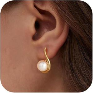imageTurandoss Gold Pearl Earrings for Women Trendy  14K Gold Plated Hypoallergenic Pearl Stud Earrings Huggie Drop Dangle Earring Bridesmaid Wedding Jewelry Gifts for Women GirlsPearl Drop Earrings