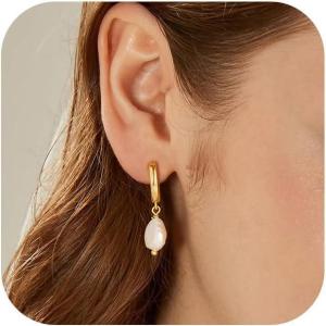 imageTurandoss Gold Pearl Earrings for Women Trendy  14K Gold Plated Hypoallergenic Pearl Stud Earrings Huggie Drop Dangle Earring Bridesmaid Wedding Jewelry Gifts for Women GirlsPearl Hoop Earrings