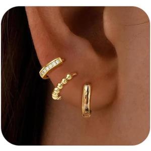 imageTurandoss Small Gold Hoop Earrings for Women Trendy  14K Gold Plated Beaded Hoops Hypoallergenic Huggie Cubic Zirconia Earrings Dainty Hoops Earring Set for Multiple PiercingGold beads zircon