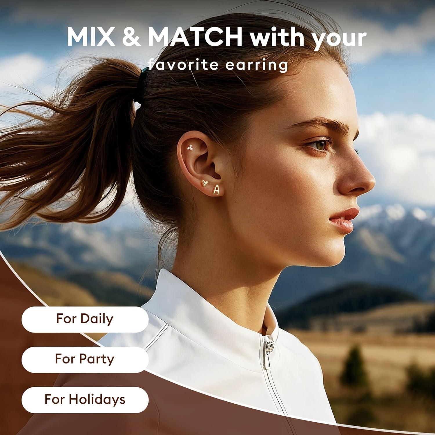 imageTurandoss Flat Back Earrings Hypoallergenic for Women Teen Girls  Personalized 3 Pairs Stud Cartilage Earrings for Sensitive Ears Women 14K Gold Plated Heart Initial AZ Earring Set JewelryJ