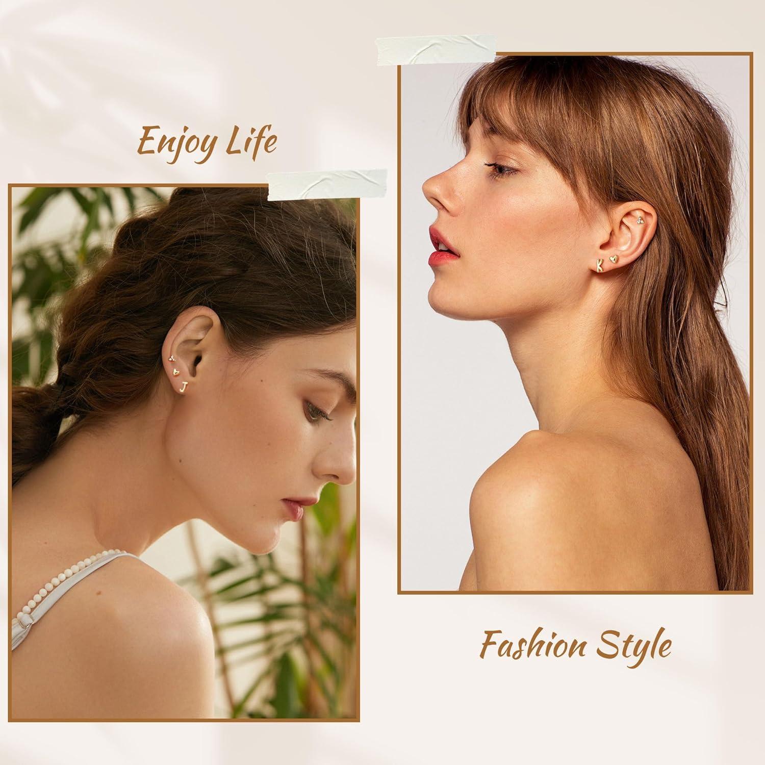 imageTurandoss Flat Back Earrings Hypoallergenic for Women Teen Girls  Personalized 3 Pairs Stud Cartilage Earrings for Sensitive Ears Women 14K Gold Plated Heart Initial AZ Earring Set JewelryM