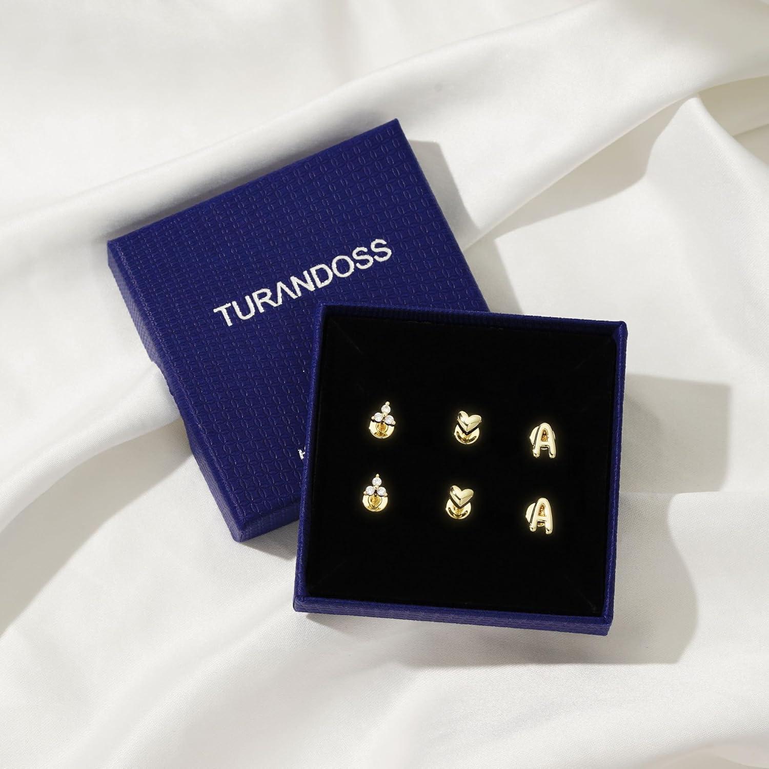 imageTurandoss Flat Back Earrings Hypoallergenic for Women Teen Girls  Personalized 3 Pairs Stud Cartilage Earrings for Sensitive Ears Women 14K Gold Plated Heart Initial AZ Earring Set JewelryM