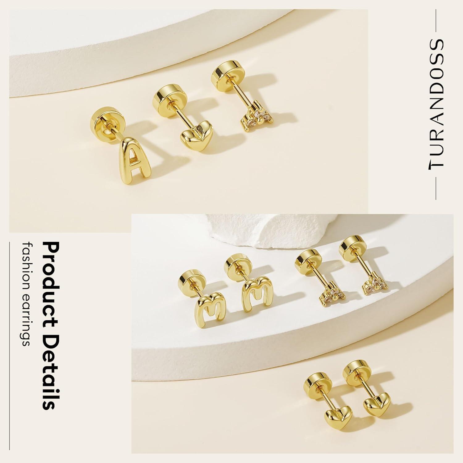 imageTurandoss Flat Back Earrings Hypoallergenic for Women Teen Girls  Personalized 3 Pairs Stud Cartilage Earrings for Sensitive Ears Women 14K Gold Plated Heart Initial AZ Earring Set JewelryH