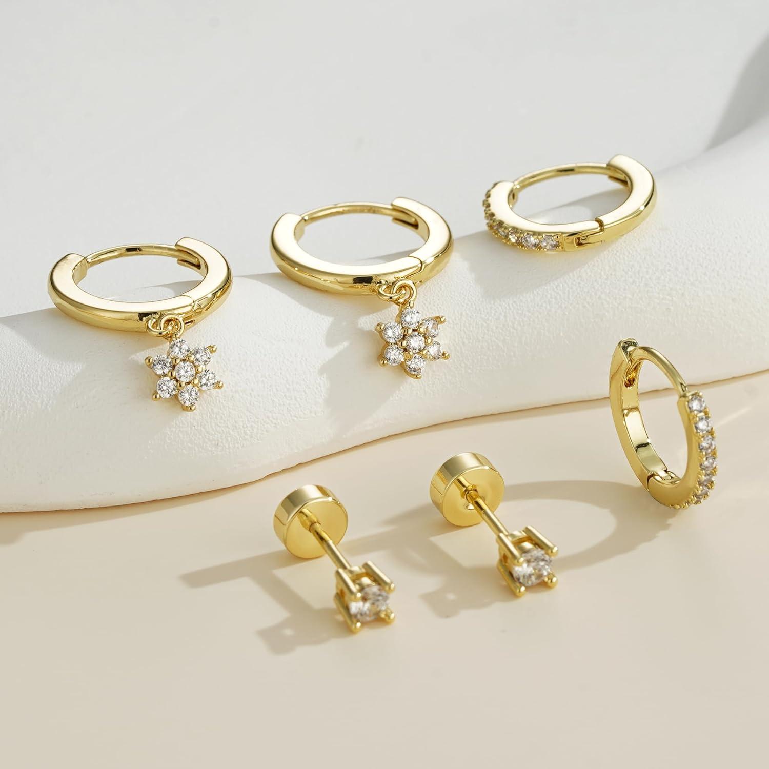 imageTurandoss Hoop Earrings Set for Women14K Gold Plated Hypoallergenic Stud ampamp Hoop Earrings Trendy Earring Stacks for Multiple PiercingGold3