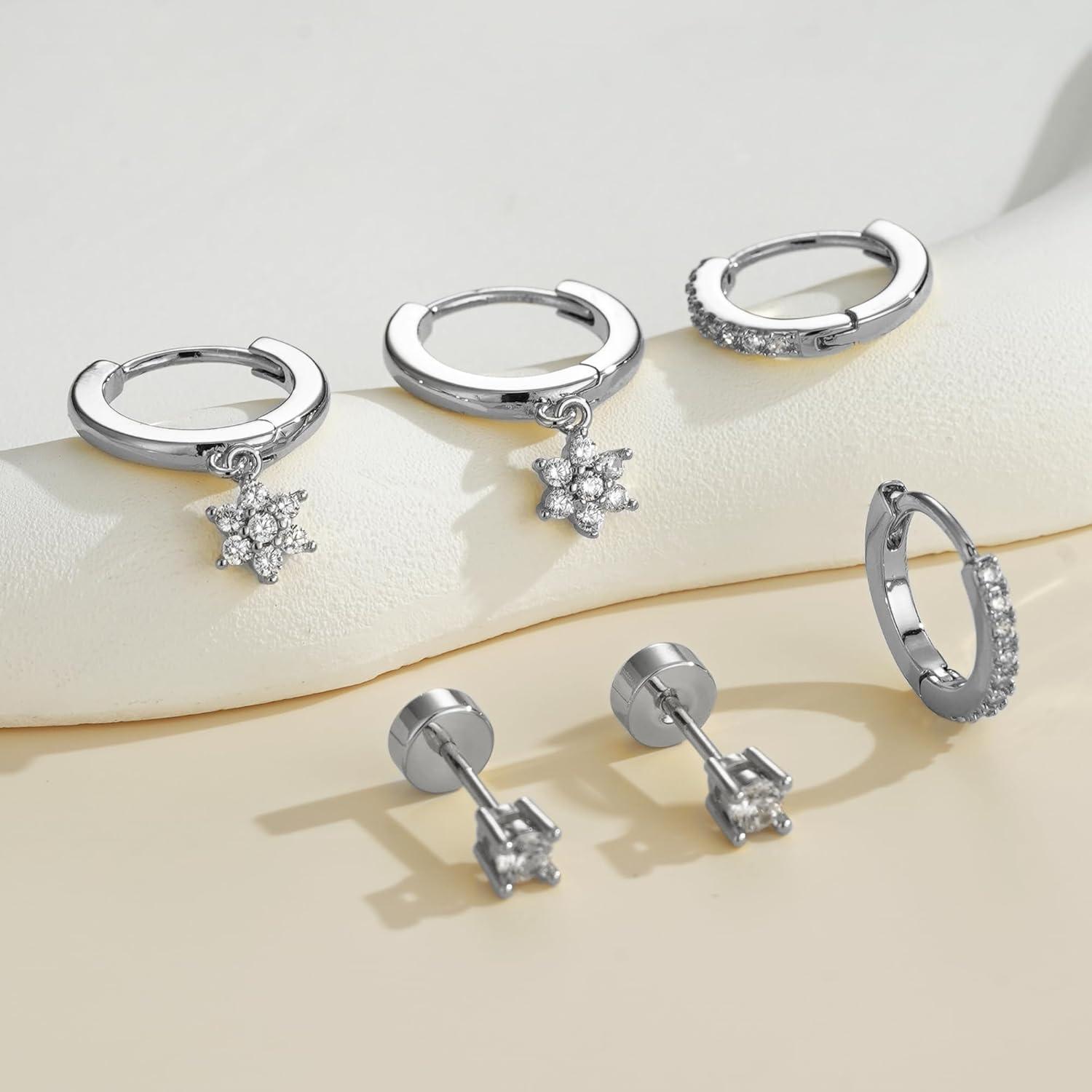 imageTurandoss Hoop Earrings Set for Women14K Gold Plated Hypoallergenic Stud ampamp Hoop Earrings Trendy Earring Stacks for Multiple PiercingSilver3