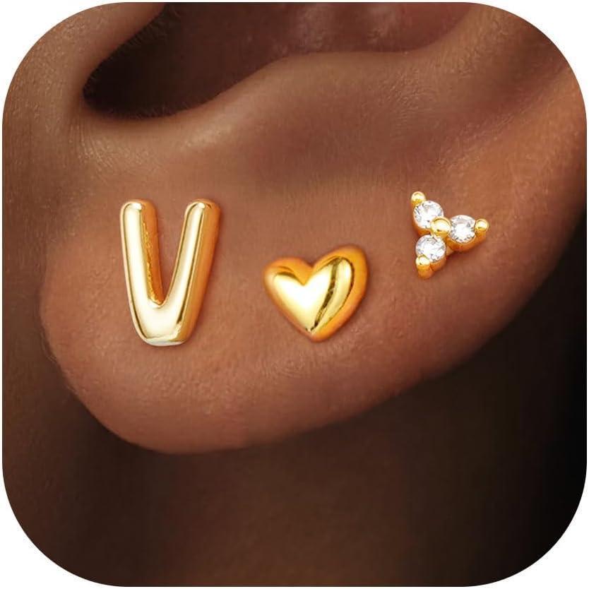 imageTurandoss Flat Back Earrings Hypoallergenic for Women Teen Girls  Personalized 3 Pairs Stud Cartilage Earrings for Sensitive Ears Women 14K Gold Plated Heart Initial AZ Earring Set JewelryV