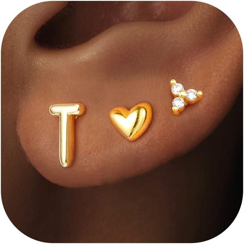 imageTurandoss Flat Back Earrings Hypoallergenic for Women Teen Girls  Personalized 3 Pairs Stud Cartilage Earrings for Sensitive Ears Women 14K Gold Plated Heart Initial AZ Earring Set JewelryT