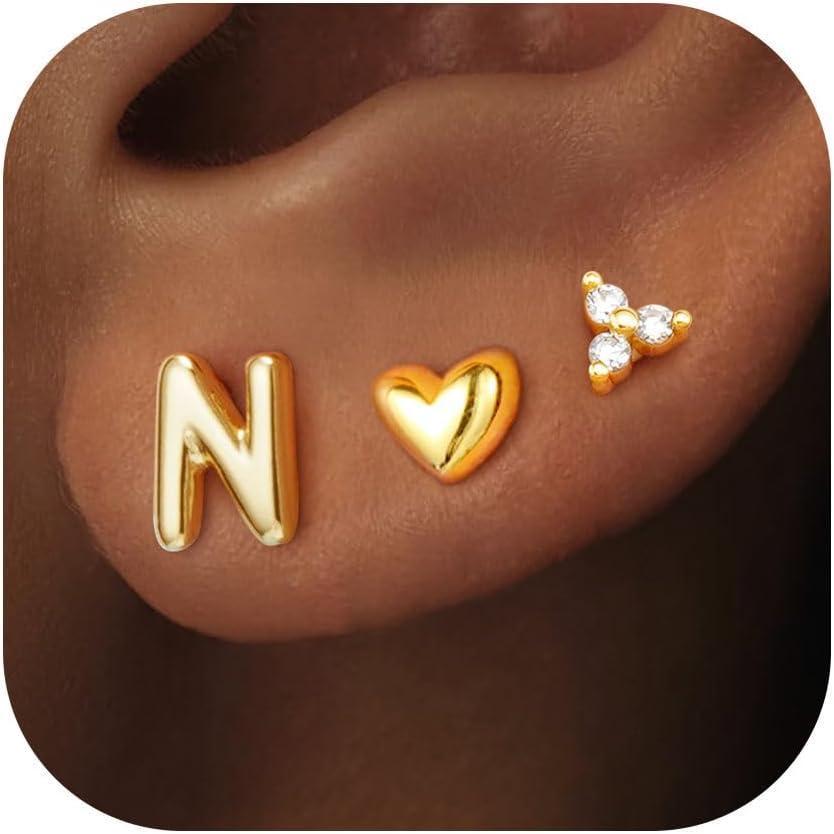 imageTurandoss Flat Back Earrings Hypoallergenic for Women Teen Girls  Personalized 3 Pairs Stud Cartilage Earrings for Sensitive Ears Women 14K Gold Plated Heart Initial AZ Earring Set JewelryN