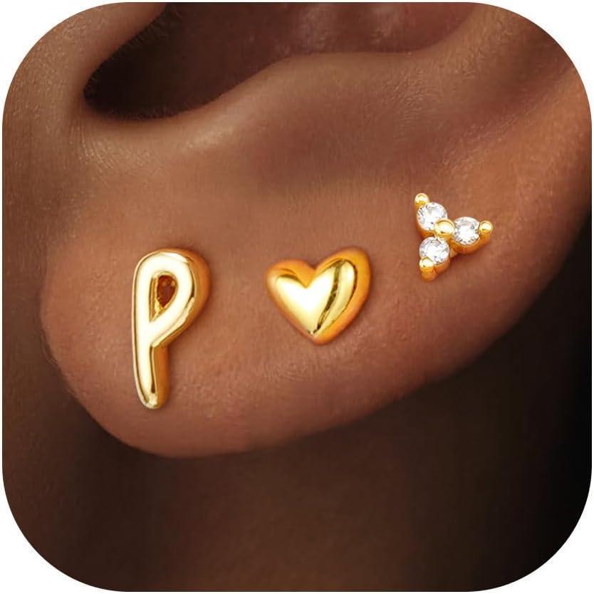 imageTurandoss Flat Back Earrings Hypoallergenic for Women Teen Girls  Personalized 3 Pairs Stud Cartilage Earrings for Sensitive Ears Women 14K Gold Plated Heart Initial AZ Earring Set JewelryP