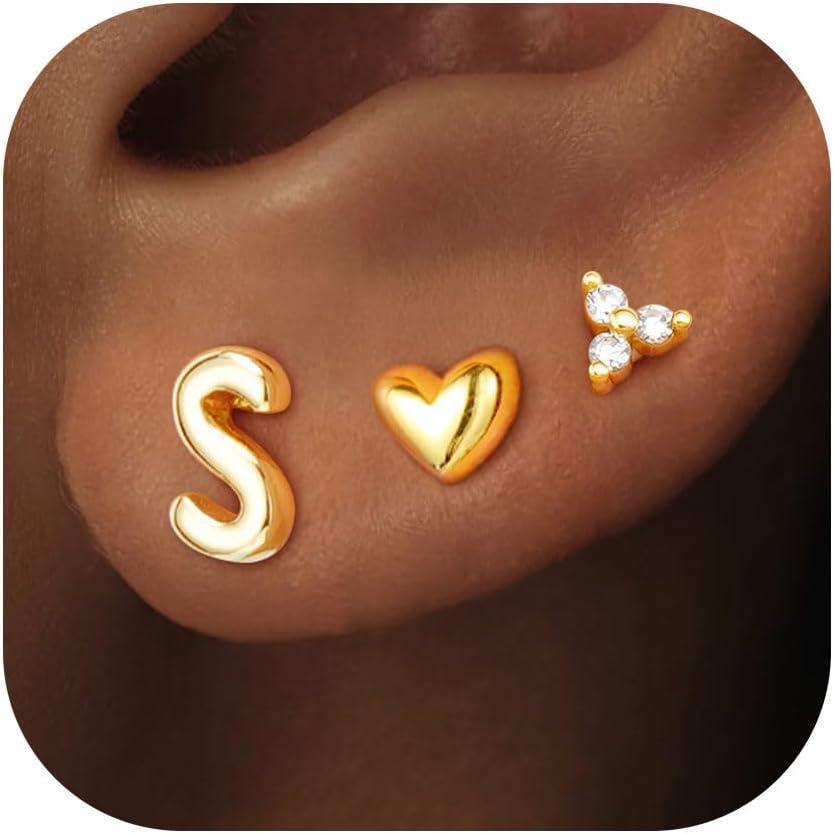imageTurandoss Flat Back Earrings Hypoallergenic for Women Teen Girls  Personalized 3 Pairs Stud Cartilage Earrings for Sensitive Ears Women 14K Gold Plated Heart Initial AZ Earring Set JewelryS