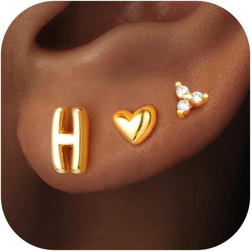 imageTurandoss Flat Back Earrings Hypoallergenic for Women Teen Girls  Personalized 3 Pairs Stud Cartilage Earrings for Sensitive Ears Women 14K Gold Plated Heart Initial AZ Earring Set JewelryH