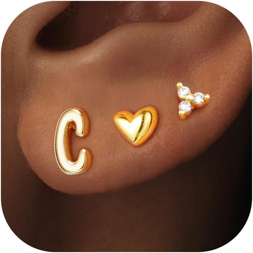 imageTurandoss Flat Back Earrings Hypoallergenic for Women Teen Girls  Personalized 3 Pairs Stud Cartilage Earrings for Sensitive Ears Women 14K Gold Plated Heart Initial AZ Earring Set JewelryC
