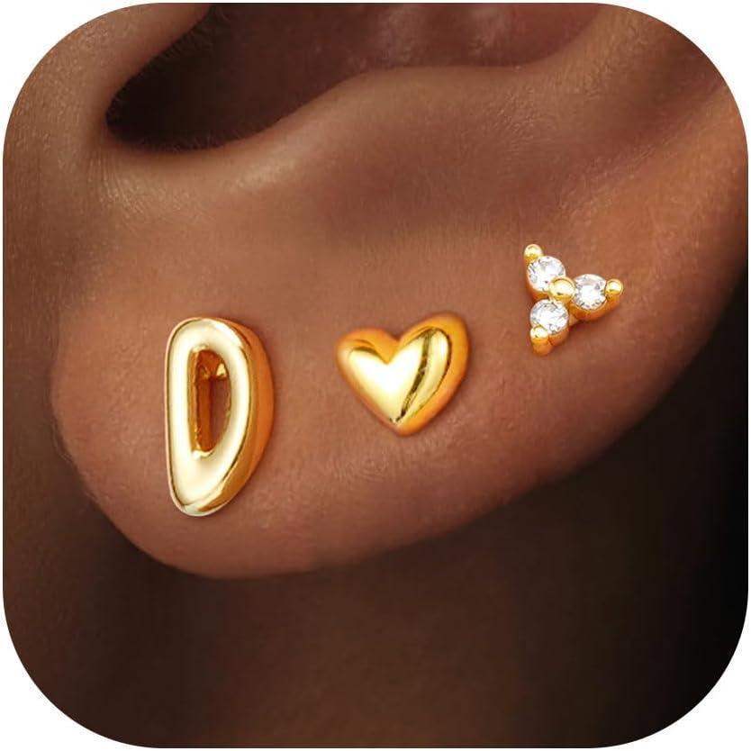 imageTurandoss Flat Back Earrings Hypoallergenic for Women Teen Girls  Personalized 3 Pairs Stud Cartilage Earrings for Sensitive Ears Women 14K Gold Plated Heart Initial AZ Earring Set JewelryD