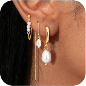 imageTurandoss 14K Gold Plated Pearl Earrings Set for Women Dainty Pearl Hoop Earrings Stacks Hypoallergenic Dangle Earrings Jewelry Gift14K Gold Plated