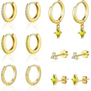 imageTurandoss 6 Pairs Gold Hoop Earrings Set for Women 14K Gold Plated Huggie Earrings Hypoallergenic Sterling Silver Posts Dainty Earring Stack Set for Multiple Piercings14K Gold Plated