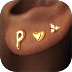 imageTurandoss Flat Back Earrings Hypoallergenic for Women Teen Girls  Personalized 3 Pairs Stud Cartilage Earrings for Sensitive Ears Women 14K Gold Plated Heart Initial AZ Earring Set JewelryP
