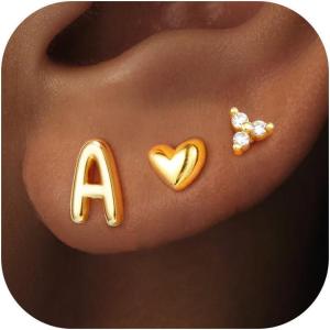 imageTurandoss Flat Back Earrings Hypoallergenic for Women Teen Girls  Personalized 3 Pairs Stud Cartilage Earrings for Sensitive Ears Women 14K Gold Plated Heart Initial AZ Earring Set JewelryA