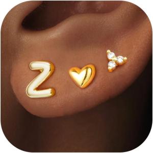 imageTurandoss Flat Back Earrings Hypoallergenic for Women Teen Girls  Personalized 3 Pairs Stud Cartilage Earrings for Sensitive Ears Women 14K Gold Plated Heart Initial AZ Earring Set JewelryZ