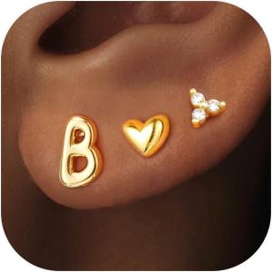 imageTurandoss Flat Back Earrings Hypoallergenic for Women Teen Girls  Personalized 3 Pairs Stud Cartilage Earrings for Sensitive Ears Women 14K Gold Plated Heart Initial AZ Earring Set JewelryB