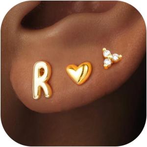 imageTurandoss Flat Back Earrings Hypoallergenic for Women Teen Girls  Personalized 3 Pairs Stud Cartilage Earrings for Sensitive Ears Women 14K Gold Plated Heart Initial AZ Earring Set JewelryR