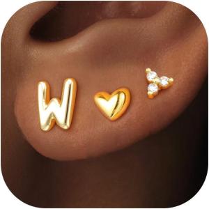imageTurandoss Flat Back Earrings Hypoallergenic for Women Teen Girls  Personalized 3 Pairs Stud Cartilage Earrings for Sensitive Ears Women 14K Gold Plated Heart Initial AZ Earring Set JewelryW