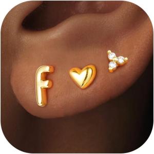 imageTurandoss Flat Back Earrings Hypoallergenic for Women Teen Girls  Personalized 3 Pairs Stud Cartilage Earrings for Sensitive Ears Women 14K Gold Plated Heart Initial AZ Earring Set JewelryF