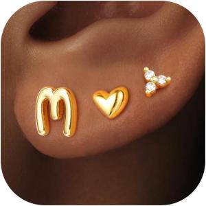 imageTurandoss Flat Back Earrings Hypoallergenic for Women Teen Girls  Personalized 3 Pairs Stud Cartilage Earrings for Sensitive Ears Women 14K Gold Plated Heart Initial AZ Earring Set JewelryM