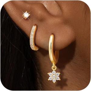 imageTurandoss Hoop Earrings Set for Women14K Gold Plated Hypoallergenic Stud ampamp Hoop Earrings Trendy Earring Stacks for Multiple PiercingGold3