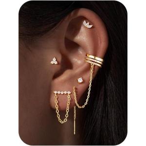imageTurandoss 14K Gold Plated Earrings for Women Chain Earrings Sets Hypoallergenic Dangle Earrings Stud Earring Stacks for Multiple Piercing JewelryGold Plated Earring Cuff With Chain Sets