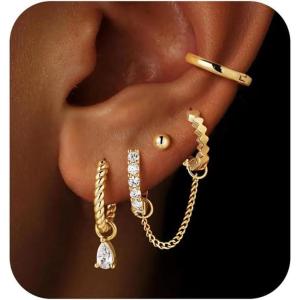 imageTurandoss 14K Gold Plated Earrings for Women Chain Earrings Sets Hypoallergenic Dangle Earrings Stud Earring Stacks for Multiple Piercing JewelryGold Plated Dangle Earring With Chain