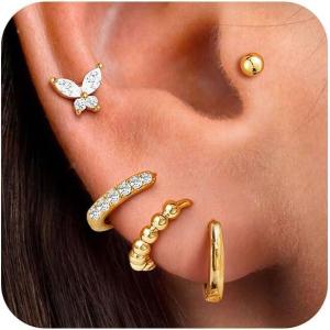 imageTurandoss 14K Gold Plated Hoop Earrings for Women Hypoallergenic Flat Back Huggie Earrings Set Cartilage Earring Stacks for Multiple PiercingsGold