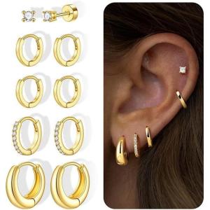 imageTurandoss Gold Hoop Earrings for Women 14K Huggie Hoop Earrings Set Dainty CZ Earring Stacks for Multiple Piercing Jewelry14K Gold Plated