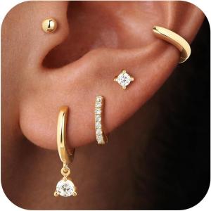 imageTurandoss Gold Hoop Earrings for Women Trendy Hypoallergenic 14K Gold Plated Huggies Earring Set Dainty Cartilage Earring Stacks for Multiple Piercing Jewelry Hoop Earrings for Womengold