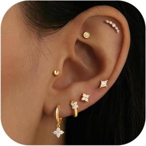 image:imageTurandoss Gold Earrings for Women 14K Gold Plated Hypoallergenic Flat Back Earring Cartilage Stud Hoop Earring Sets for Multiple Piercing Hoop Earrings for Women14K Gold Plated