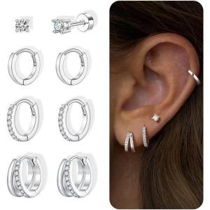 image:imageTurandoss Gold Hoop Earrings for Women 14K Gold Plated Hypoallergenic Small Gold Hoops Dainty Cartilage Huggie Earring Stacks for Multiple Piercings Jewelry Gifts Earring Sets for Women TrendySilver Plated