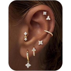 image:imageTurandoss Gold Hoop Earrings for Women 14K Gold Plated Hypoallergenic CZ Earrings Hoop amp Stud Earrings for Women Cartilage Earring Stacks for Multiple PiercingsGold Clover Hoop Earring